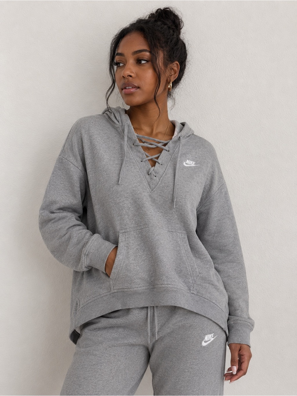 Nike Gray Lace-Up V-Neck Hoodie